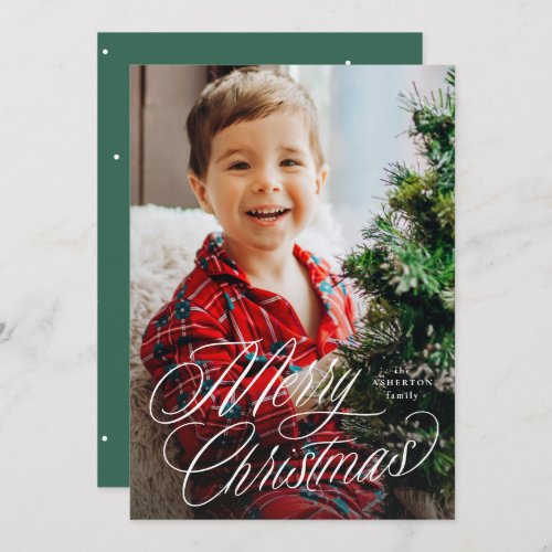 Merry Christmas classic script two photo green Holiday Card