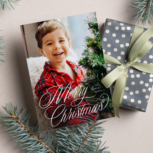 Merry Christmas classic script two photo Holiday Card