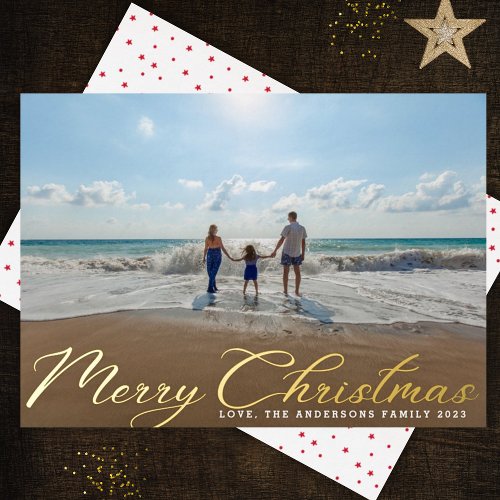 Merry Christmas Classic Traditional Gold 1 Photo Foil Holiday Card