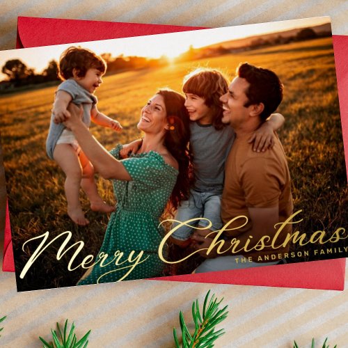 Merry Christmas Classic Traditional Gold Photo Foil Holiday Card