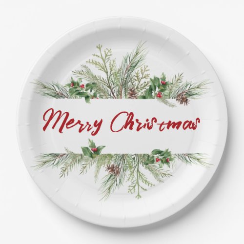 Merry Christmas Classic Winter Wheath Greeting Paper Plates