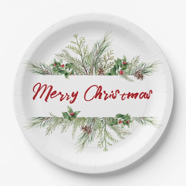 Merry Christmas Classic Winter Wheath Greeting Paper Plates (Front)