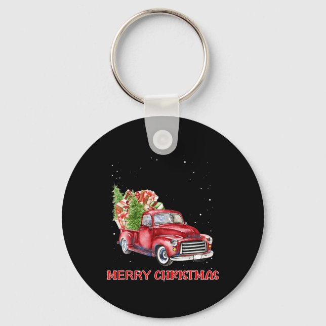 Merry Christmas Clic Red Truck Tree Family Xmas  Keychain (Front)