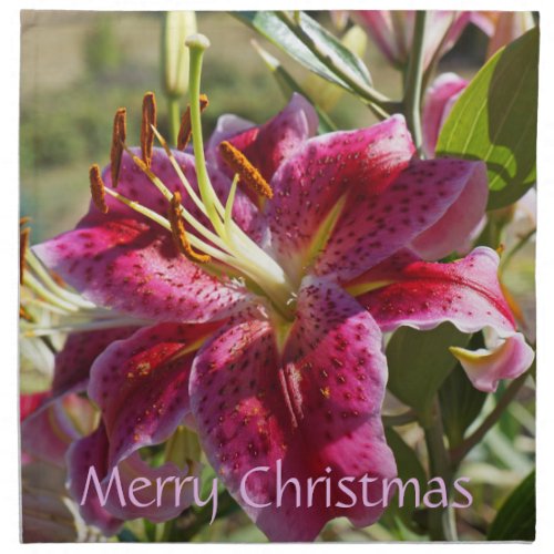 Merry Christmas Cloth Napkins Pink Lily Flowers