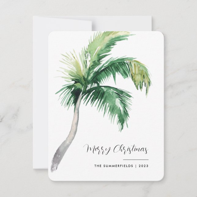 Merry Christmas Coastal Palm Tree Script Holiday Card (Front)