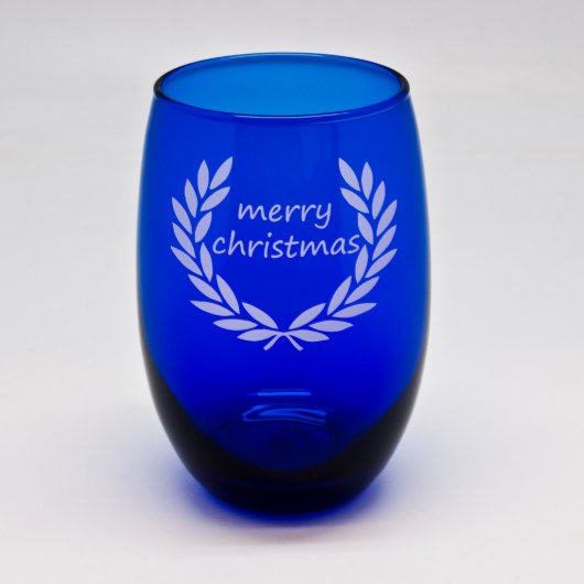 Merry Christmas Cobalt Blue Stemless Wine Glass (Front)