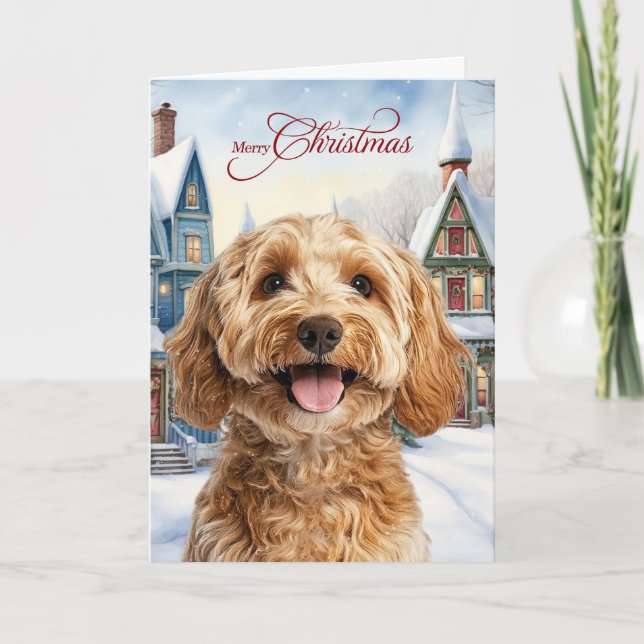 Merry Christmas Cockapoo Dog Snowy Winter Village Holiday Card (Front)
