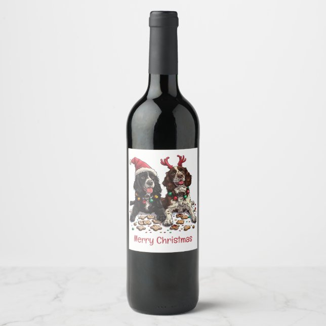 Merry Christmas Cocker Spaniel Dogs Wine Label (Front)