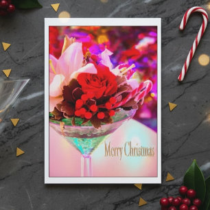 Merry Christmas Cocktail Floral Martini Glass Holiday Card