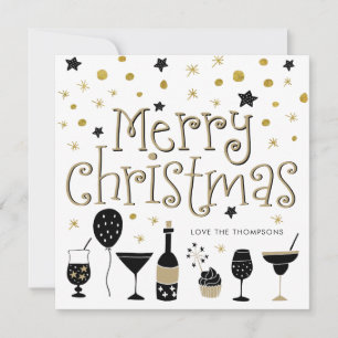 Merry Christmas Cocktail Stars Confetti Gold Black Holiday Card