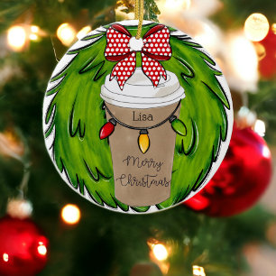 Merry Christmas Coffee Wreath Personalized Ceramic Ornament