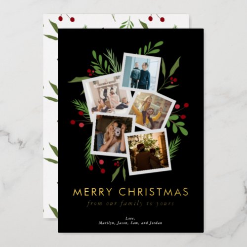 Merry Christmas Collage Black Modern Holly Foil Holiday Card