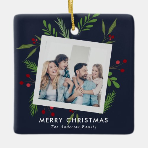 Merry Christmas Collage Custom Modern Holly Ceramic Ornament