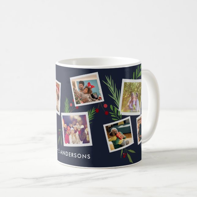 Merry Christmas Collage Custom Modern Holly Coffee Mug (Front Right)