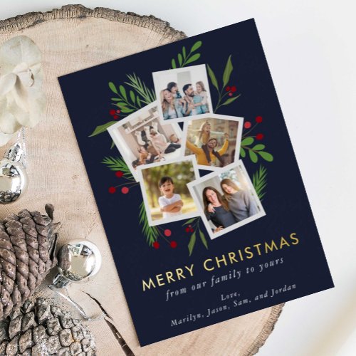 Merry Christmas Collage Custom Modern Holly Foil Holiday Card