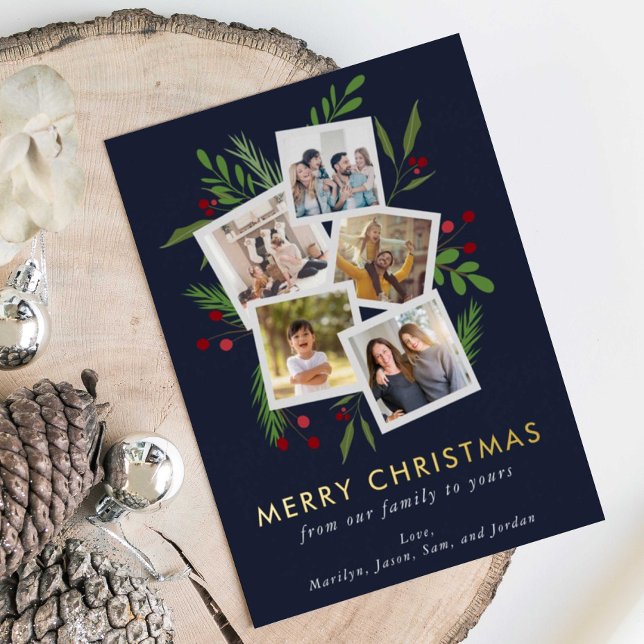 Merry Christmas Collage Custom Modern Holly Foil Holiday Card (Creator Uploaded)