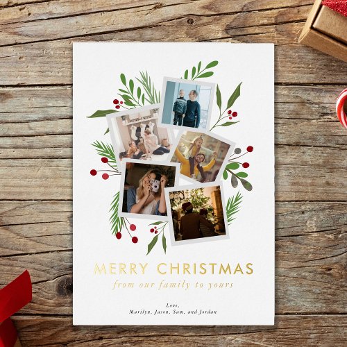 Merry Christmas Collage Custom Modern Holly Foil Holiday Card