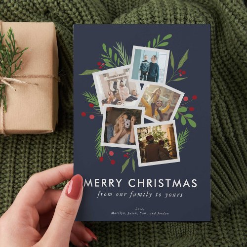 Merry Christmas Collage Custom Modern Holly Holiday Card