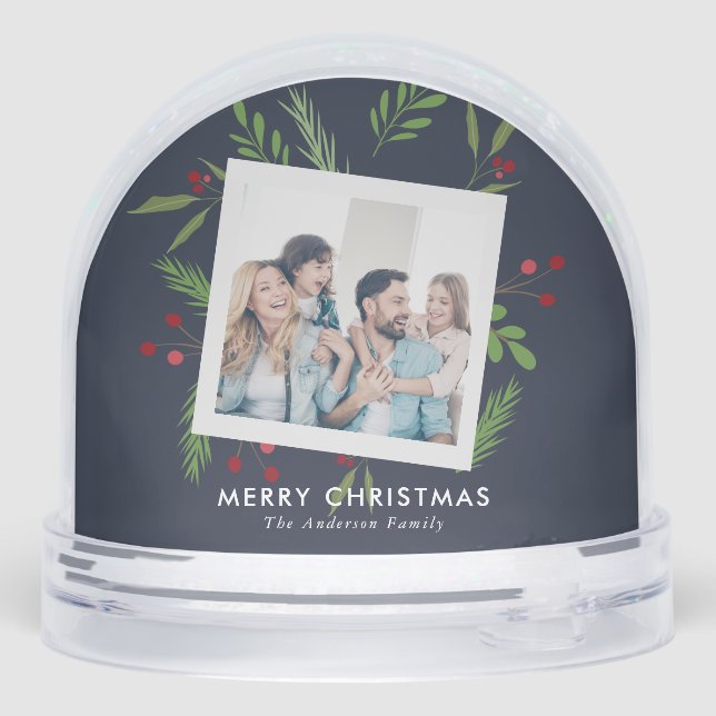 Merry Christmas Collage Custom Modern Holly Snow Globe (Back)