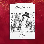 Merry Christmas Color Me | Snowman and Bunny Card<br><div class="desc">Christmas card with coloring pages. Coloring pages are a snowman and bunny with Christmas trees,  the moon and snowflakes on the front. The inside has a cute Santa and reindeer.</div>