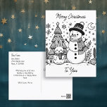 Merry Christmas Color Me | Snowman and Bunny Postcard<br><div class="desc">Personalized Christmas postcard with coloring pages. Coloring pages are a snowman and bunny with Christmas trees,  the moon and snowflakes on the front. The back of the postcard has a holiday message that you can personalize.</div>