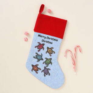 Merry Christmas Colorful Abstract Turtles Blue Stocking