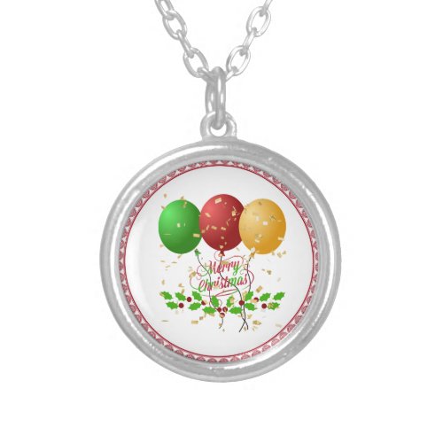 Merry Christmas, colorful holiday design, Silver Plated Necklace