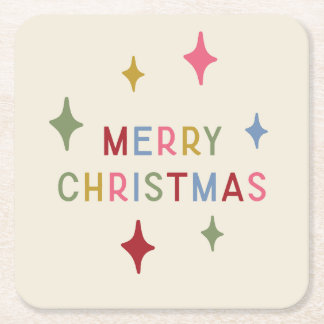 Merry Christmas Colorful Mod Typography Square Paper Coaster