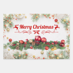 Merry Christmas Colorful Ornaments, Pine Branches Wrapping Paper Sheets