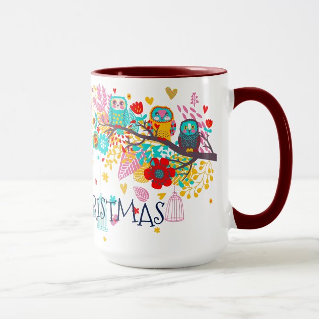 Merry Christmas Colorful owls & Flowers Mug (Right)