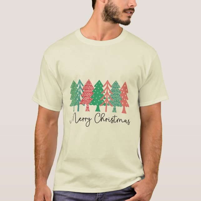 Merry Christmas - Colorful Patterned Trees T-Shirt (Front)
