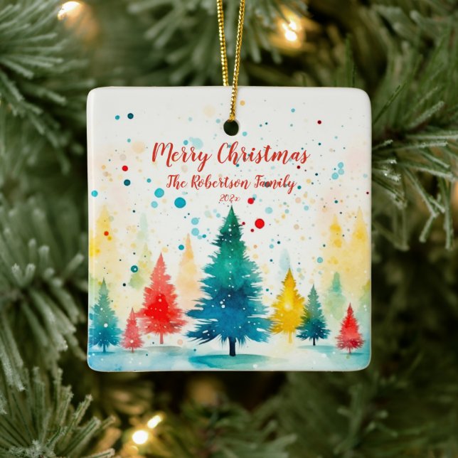 "Merry Christmas" Colorful Pine Trees  Ceramic Ornament (Tree)