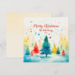 "Merry Christmas" Colorful Pine Trees Holiday Card