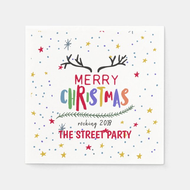 Merry Christmas Colorful Reindeer Antlers & Stars Napkins (Front)