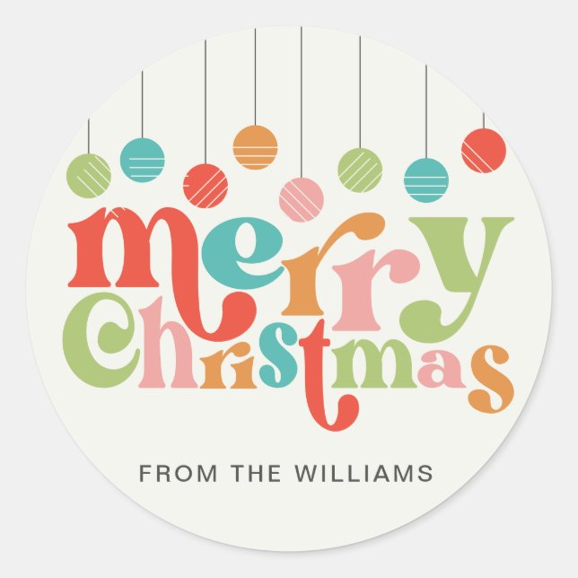 Merry Christmas Colorful Retro Ornaments Classic Round Sticker (Front)
