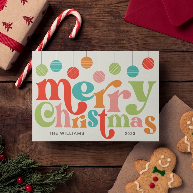 Merry Christmas Colorful Retro Ornaments Holiday Card (Creator Uploaded)