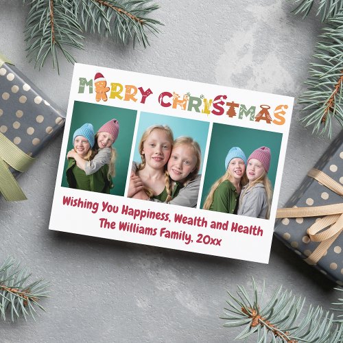 merry christmascolorful script 3 photos collage holiday postcard