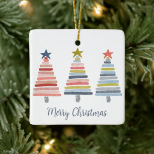 Merry Christmas Colorful Stacked Trees Ceramic Ornament