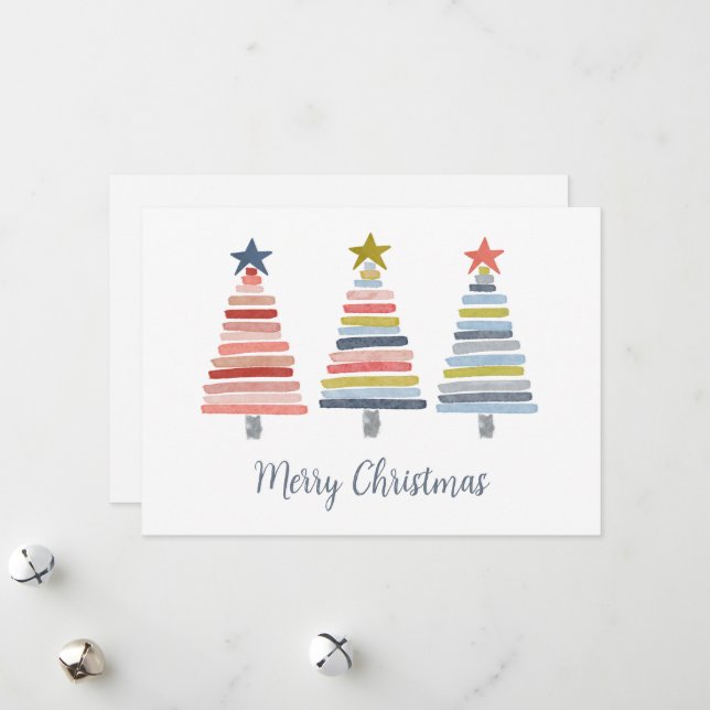 Merry Christmas Colorful Stacked Trees Holiday Card (Front/Back In Situ)