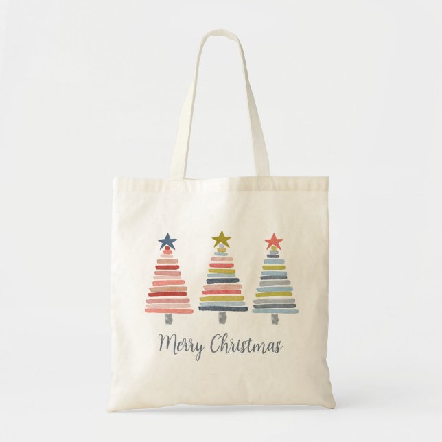 Merry Christmas Colorful Stacked Trees Tote Bag (Front)