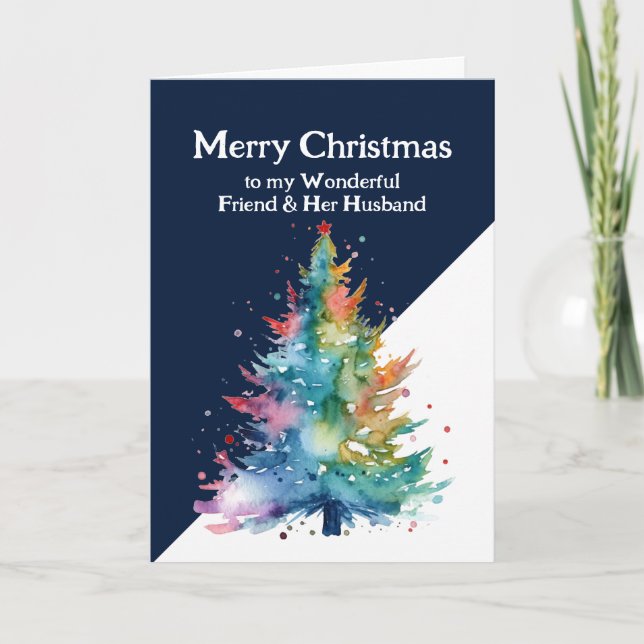 Merry Christmas Colorful Tree Friend & Husband Card (Front)