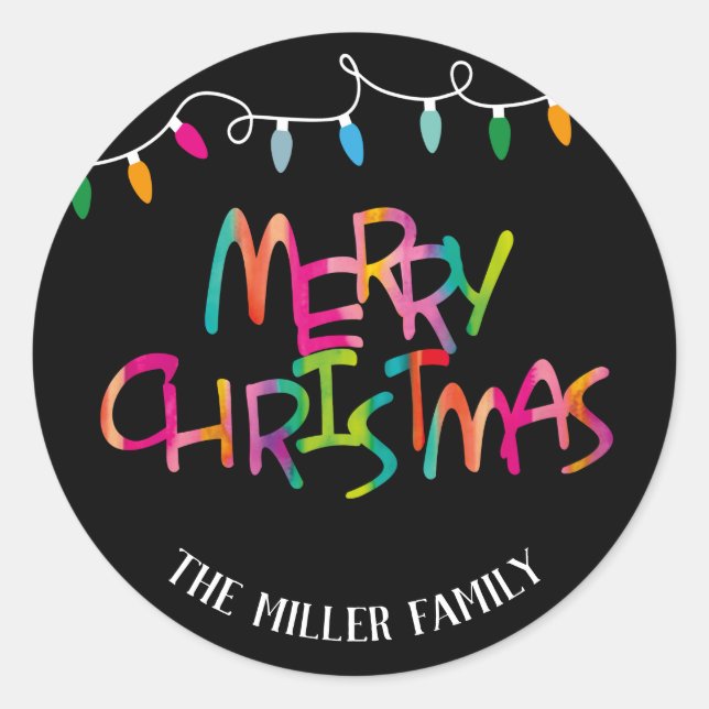 Merry Christmas Colorful Tree Lights  Classic Round Sticker (Front)