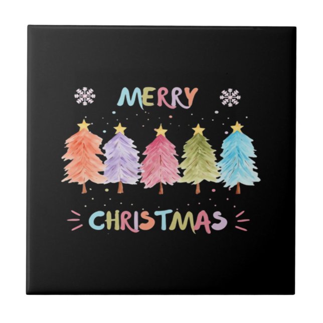 Merry Christmas Colorful Trees Essential Ceramic Tile (Front)