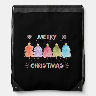 Merry Christmas Colorful Trees Essential Drawstring Bag