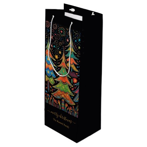 Merry Christmas colorful trees name Wine Gift Bag