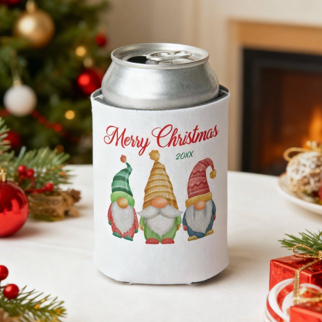 Merry Christmas Colorful Watercolor Garden Gnomes Can Cooler (Creator Uploaded)