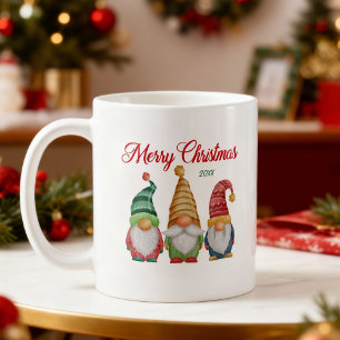 Merry Christmas Colorful Watercolor Garden Gnomes Coffee Mug