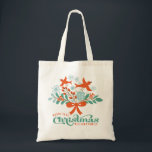 Merry Christmas Colorful Wreath Birds Tote Bag<br><div class="desc">Cute colorful christmas arrangement with happy birds,  bow tie and christmas greenery. Mint green Christmas fancy text design with customizable family name and year. Design is available on many priciest and can requested on any product offered by zazzle.</div>