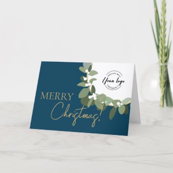 Merry Christmas Company Logo Gold Green Blue Holiday Card by Lorena_Depante at Zazzle