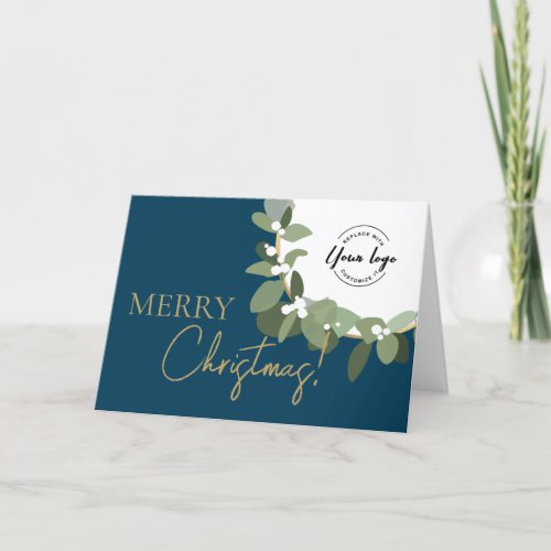 Merry Christmas Company Logo Gold Green Blue Holiday Card